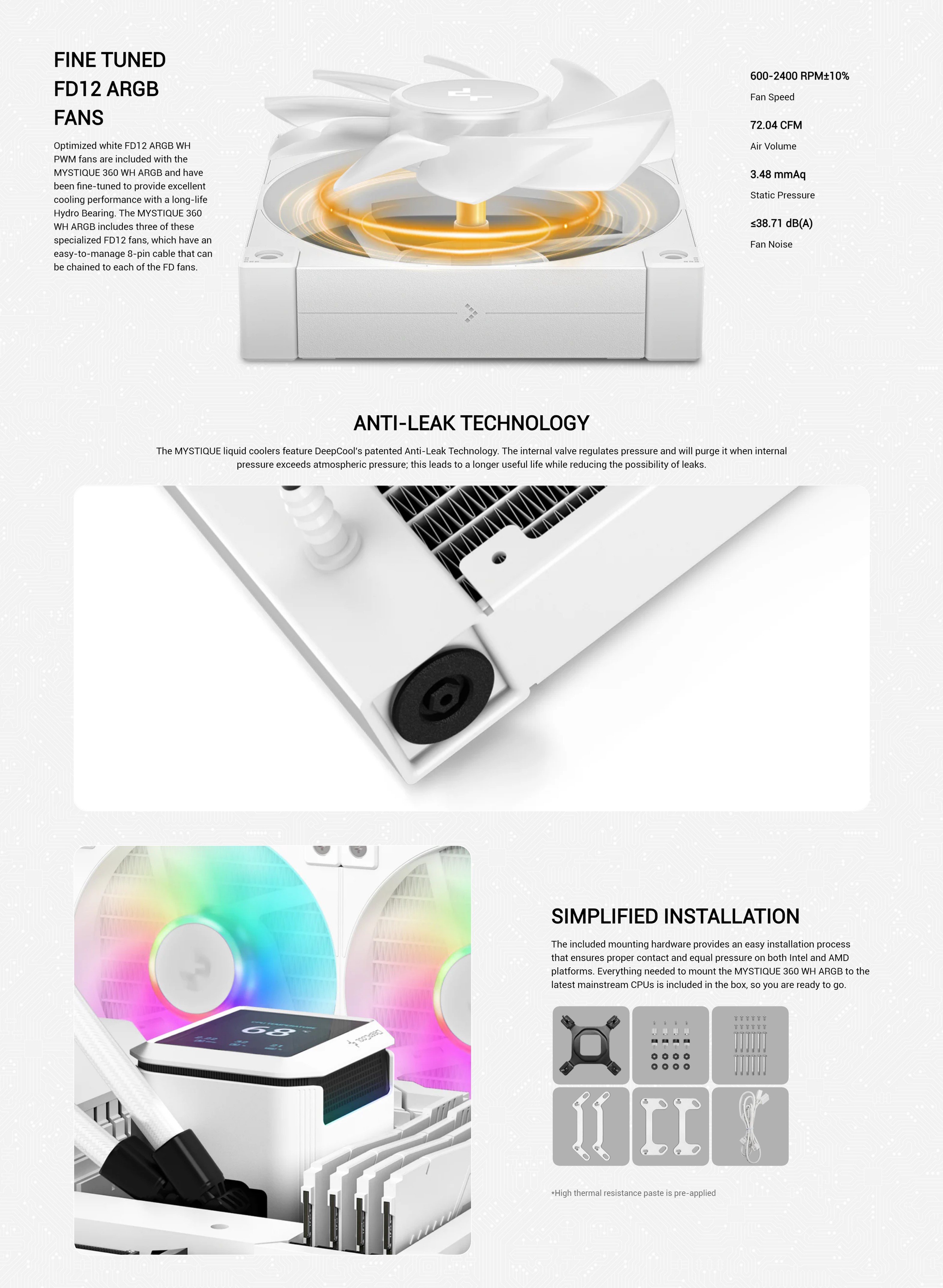 A large marketing image providing additional information about the product DeepCool MYSTIQUE 360 ARGB AIO Liquid CPU Cooler - White - Additional alt info not provided